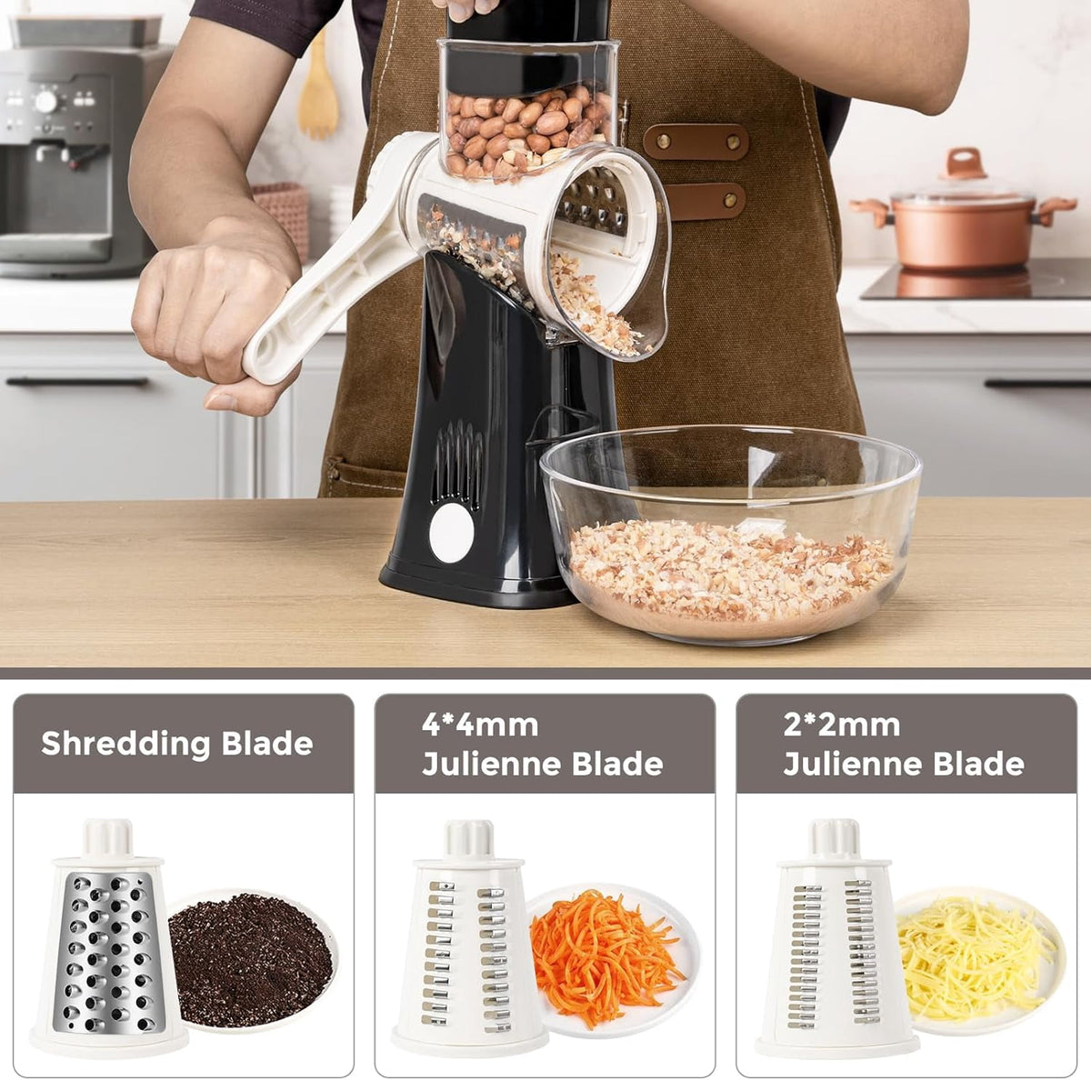 Premium Rotary Cheese Grater, Manual Cheese Grater for Kitchen, Handheld Vegetables Slicer Cheese Shredder with Rubber Suction Base, 3 Stainless Drum Blades Included,Blue