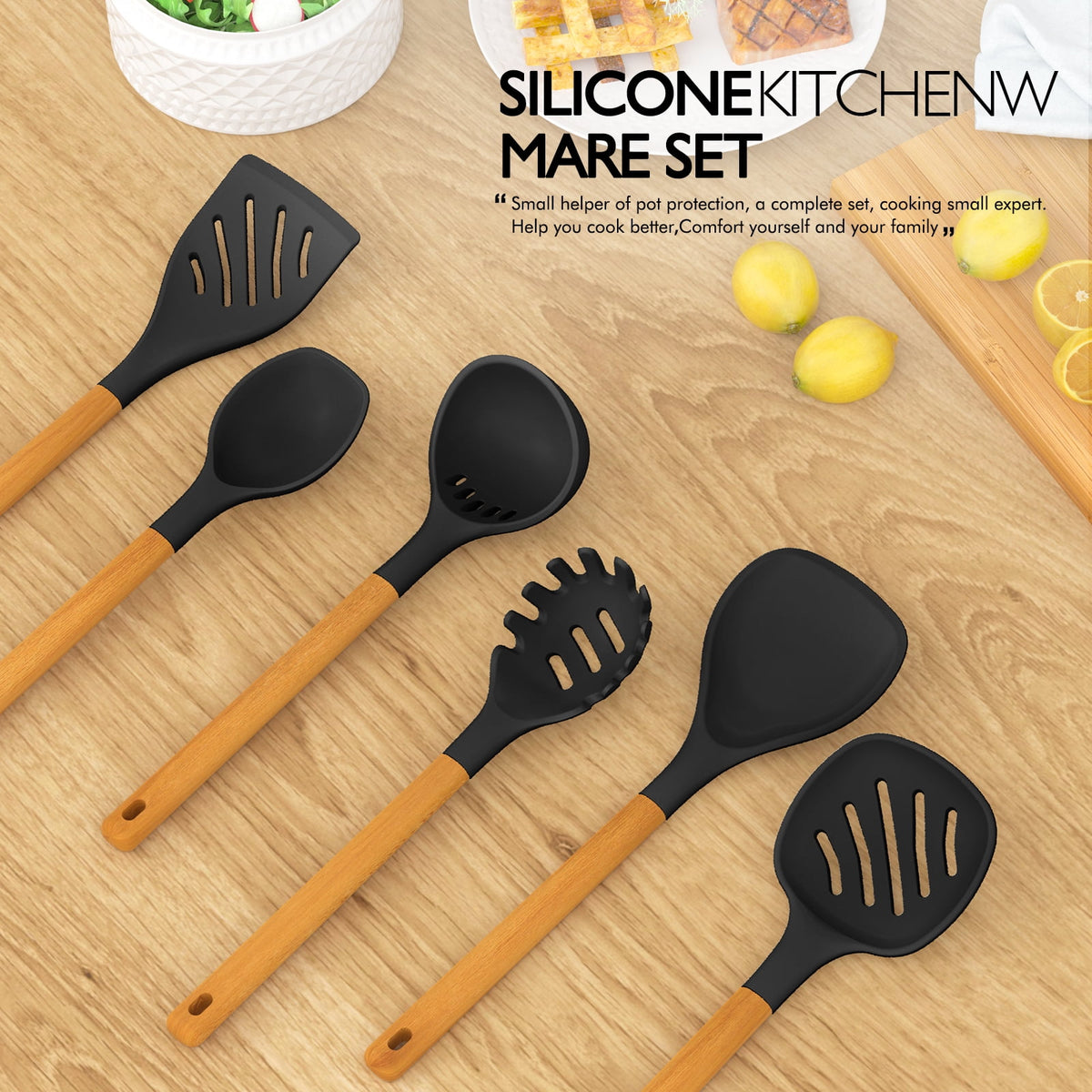 Silicone Kitchen Utensils Set, 600°F Heat Resistant Silicone Cooking Utensils, Spatula, Spoon, Whisk, Tongs, Kitchen Gadgets Tools Sets for Nonstick Cookware, Dishwasher Safe BPA Free (Black)