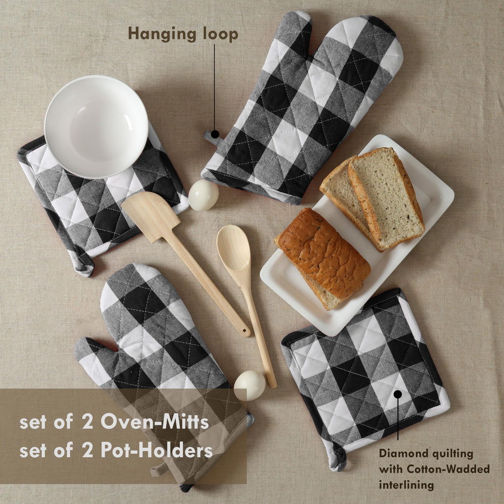 Softopia Cotton Oven Mitt & Pot Holder Buffalo Plaid Check 100% Cotton Heat Resistant Oven Gloves (7"x13") & Hot Pads (8"x8") Combo for Baking, Cooking - Black