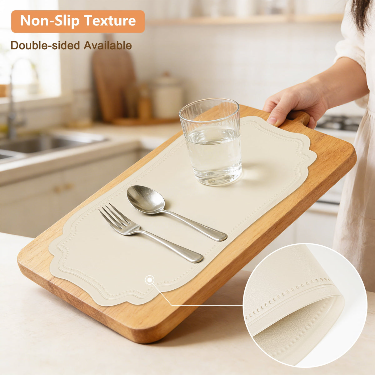 VCVCOO Placemats Set of 4 Beige Leather Place Mats Waterproof Wipeable Heat Resistant Sturdy Rectangle Kitchen Dining Table Mats for Indoor Outdoor Reversible Easy to Clean Place Mats