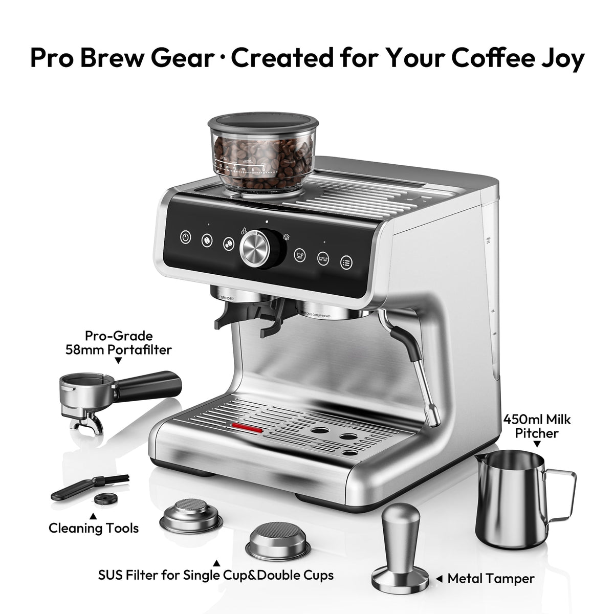 EUHOMY Espresso Machine with Grinder, 15 Bar Semi Automatic Coffee Maker with Steam Wand, Home & Office