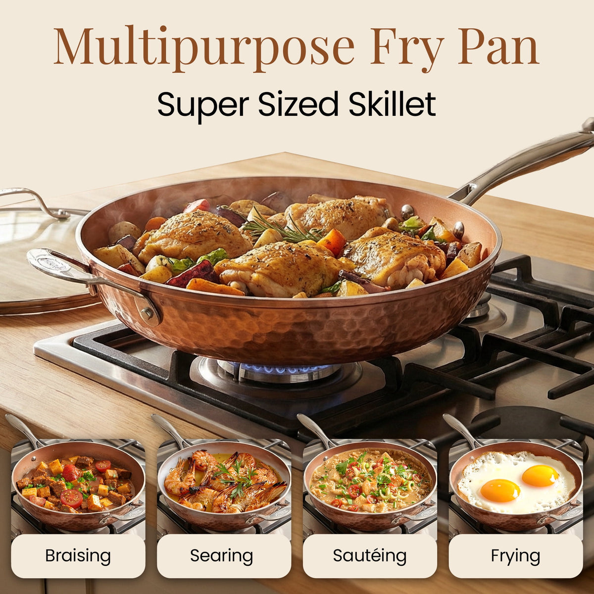Gotham Steel 14 Inch Non Stick Frying Pans with Lid, Large Frying Pans Nonstick with Lid, Non Toxic Ceramic Pan Skillet, Nonstick Frying Pan, Induction Pan, Oven/Dishwasher Safe – Copper Hammered