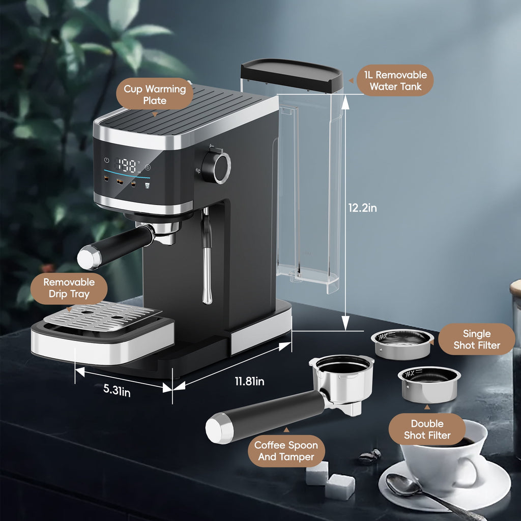 WHALL 20 Bar Touchscreen Espresso Machine & Coffee Maker – With Milk Frother Steam Wand, Stainless Steel Build & Removable Water Tank (New)