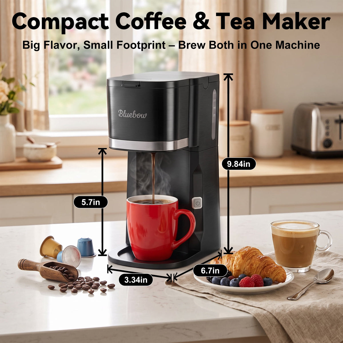 3 in 1 Single Serve Coffee Maker, Instant Coffee Maker One Cup for K Cup & Ground Coffee & Tea, Capsule Coffee Machine with 6-12oz Brew Size Reservoir, Fast Brewing and One Button, Black