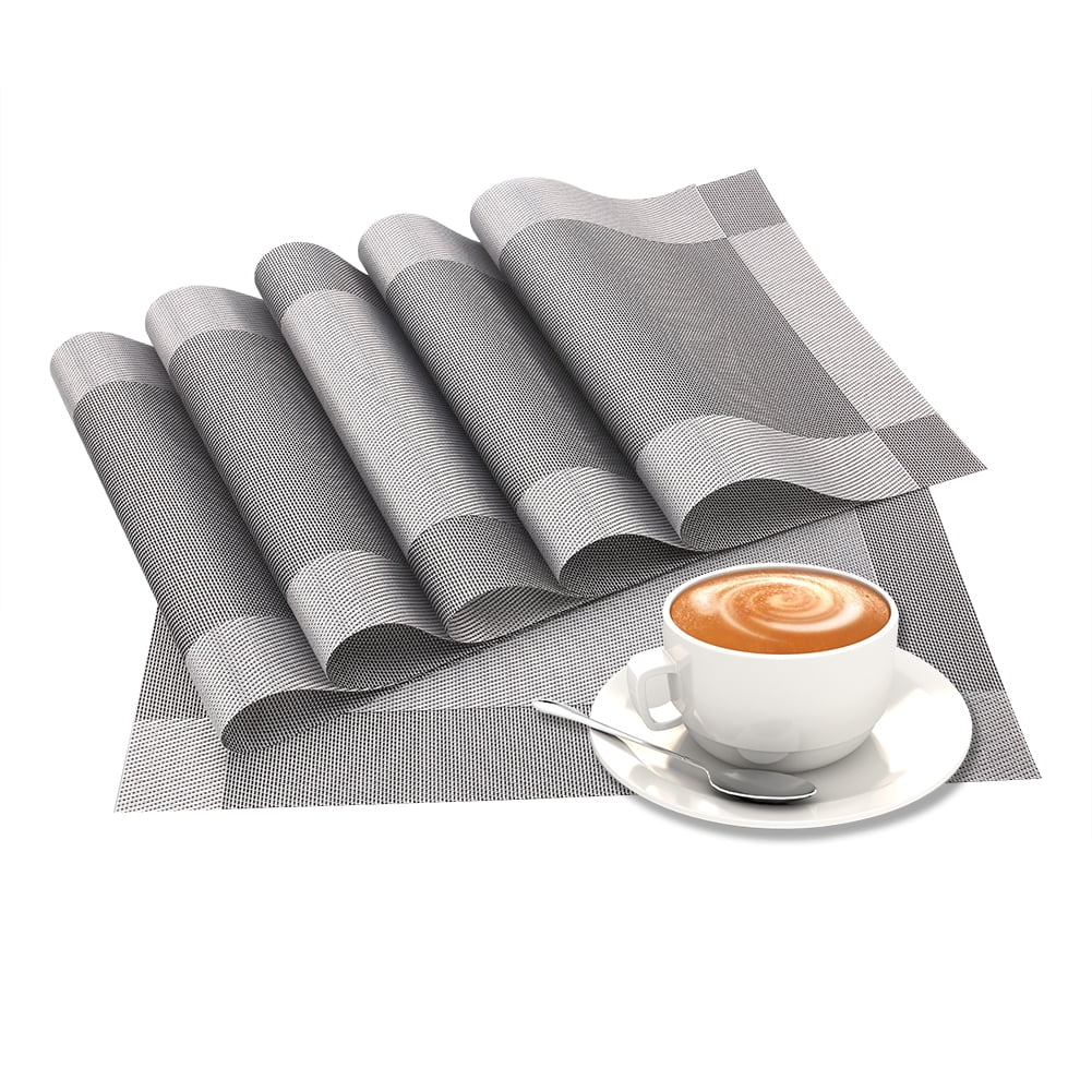 6pcs Placemats PVC Place Mats and Coasters Washable Non-Slip Heat Resistant Table Mats for Kitchen Dining Table Home Restaurant 12"×18", Sliver