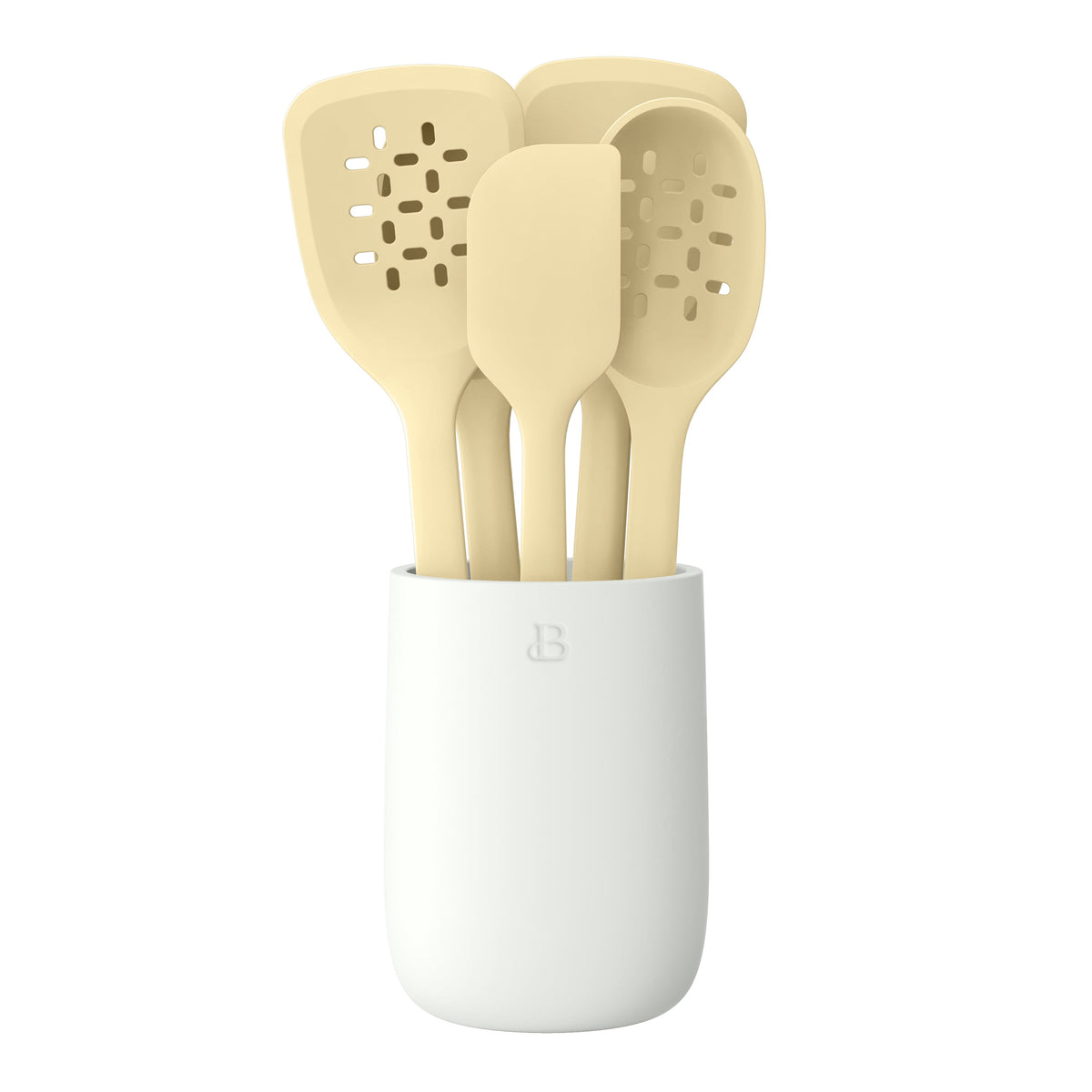 Beautiful 6-Piece Silicone Kitchen Tool Set with Ceramic Crock, Chocolate by Drew Barrymore