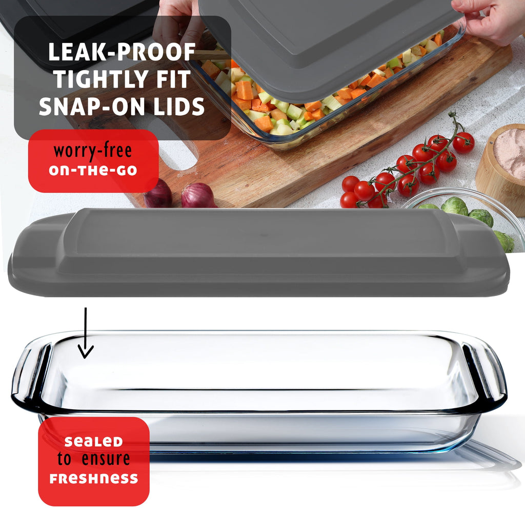 Virtu Casserole Glass Baking Dish, 8pc Stackable Glass Food Storage Containers with Airtight Lids and Grip Handles, Black