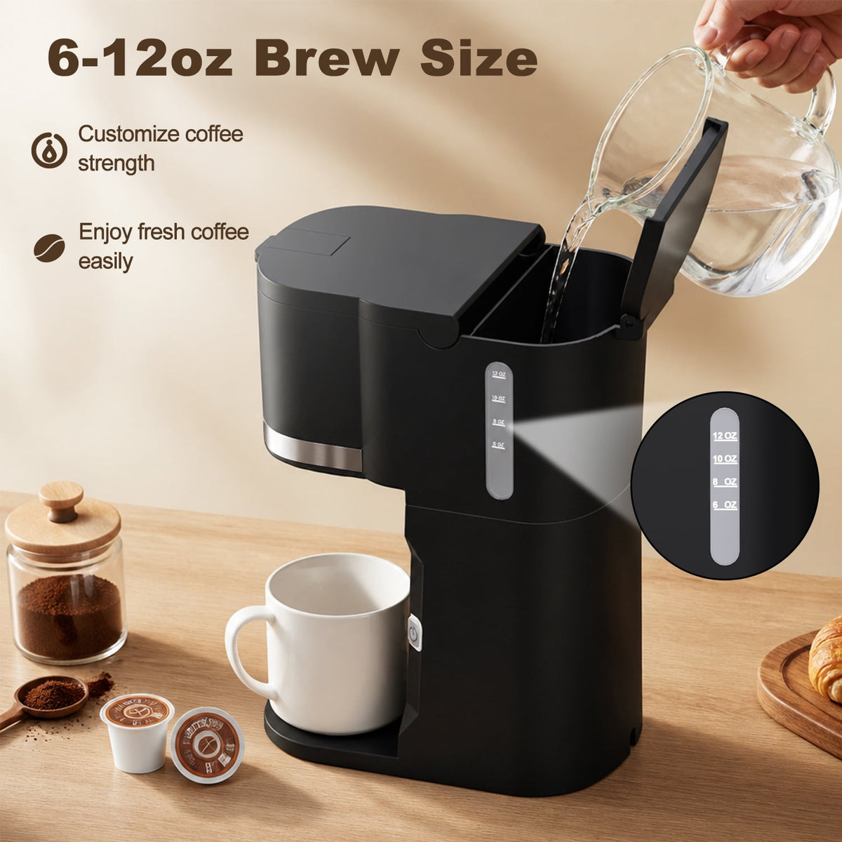 Bluebow Single Serve Coffee Maker, 6-12oz Brew Size for K Cup Pod & Ground Coffee& Tea, Fast Brew One Cup Small Coffee Machine for Home and Travel, Black