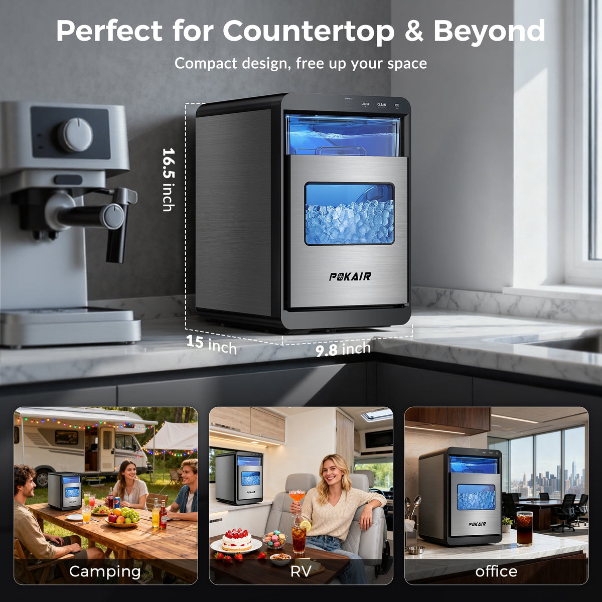 POKAIR Nugget Ice Maker Countertop, Sonic-Style Chewable Pebble Ice in 9 Min, 44 lbs/Day, Touch Screen, Self-Cleaning, ETL, Brushed Stainless Steel