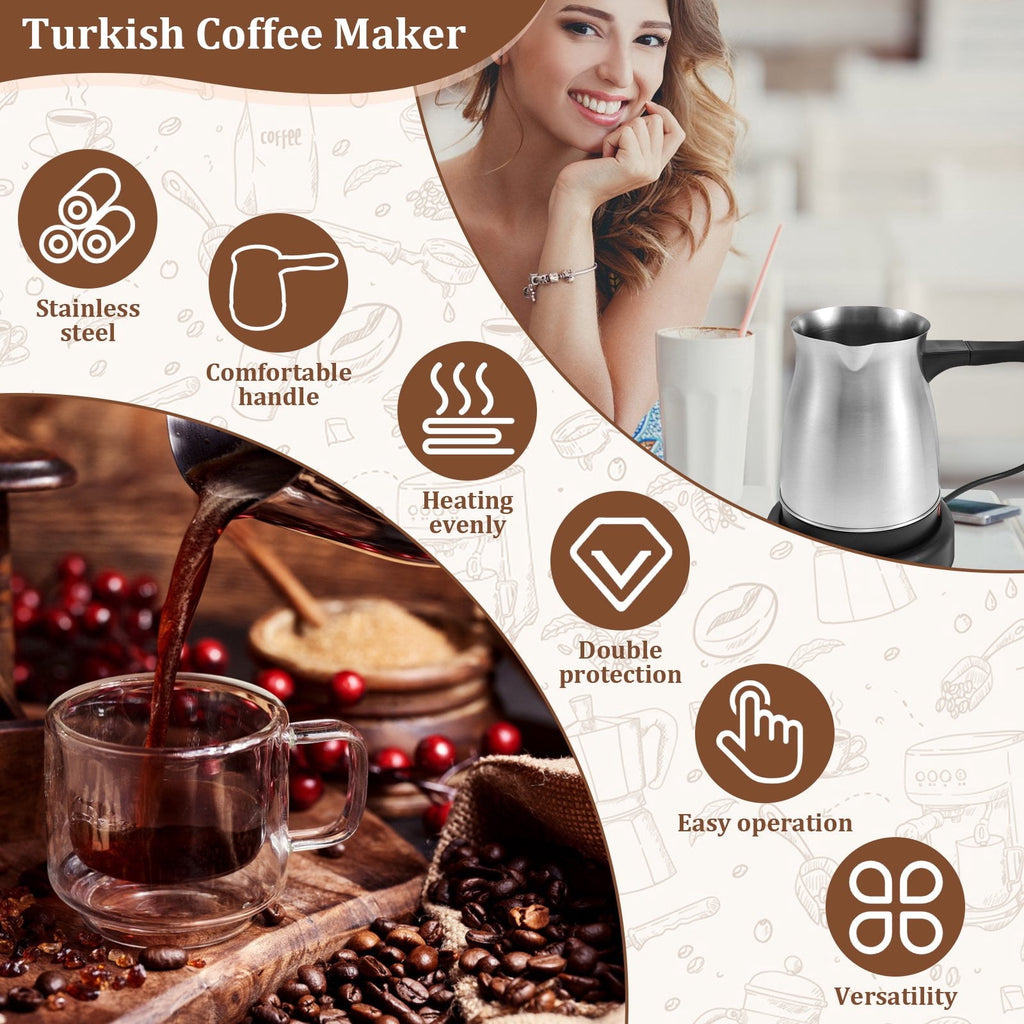 FUYGRCJ Turkish Coffee Maker, 600ml Stainless Steel Electric Turkish Coffee Machine, 5 to 6 Cups Capacity Greek Coffee Machine with Ergonomic Handle, Enduring Fast Heating 110V Turkish Coffee Maker