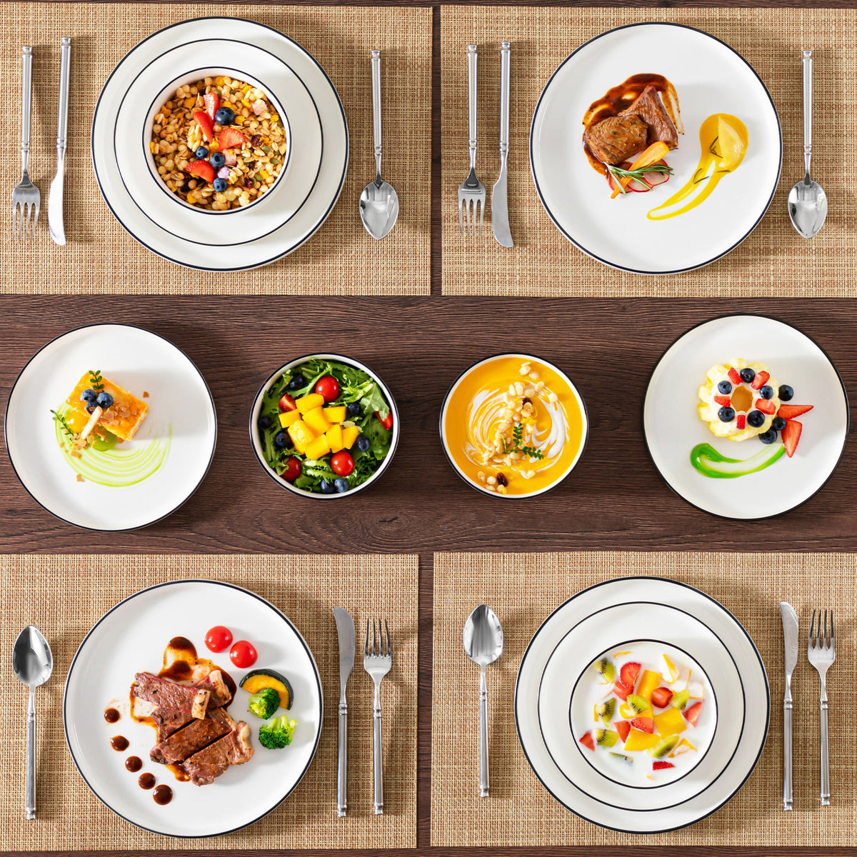 Vancasso 12 Pcs Dinnerware Sets, Plates and Bowls Set for 4, Ceramic Dinner Set, Scratch Resistant, White