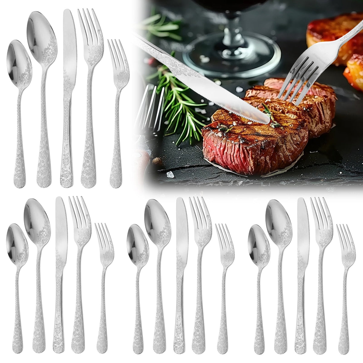 20 Pcs Floral Silverware Set Including Fork Spoon and Knife Stainless Steel Flatware Set Vintage Cutlery Set Mirror Polished Utensil Set for Kitchen Dishwasher Safe Service for 4
