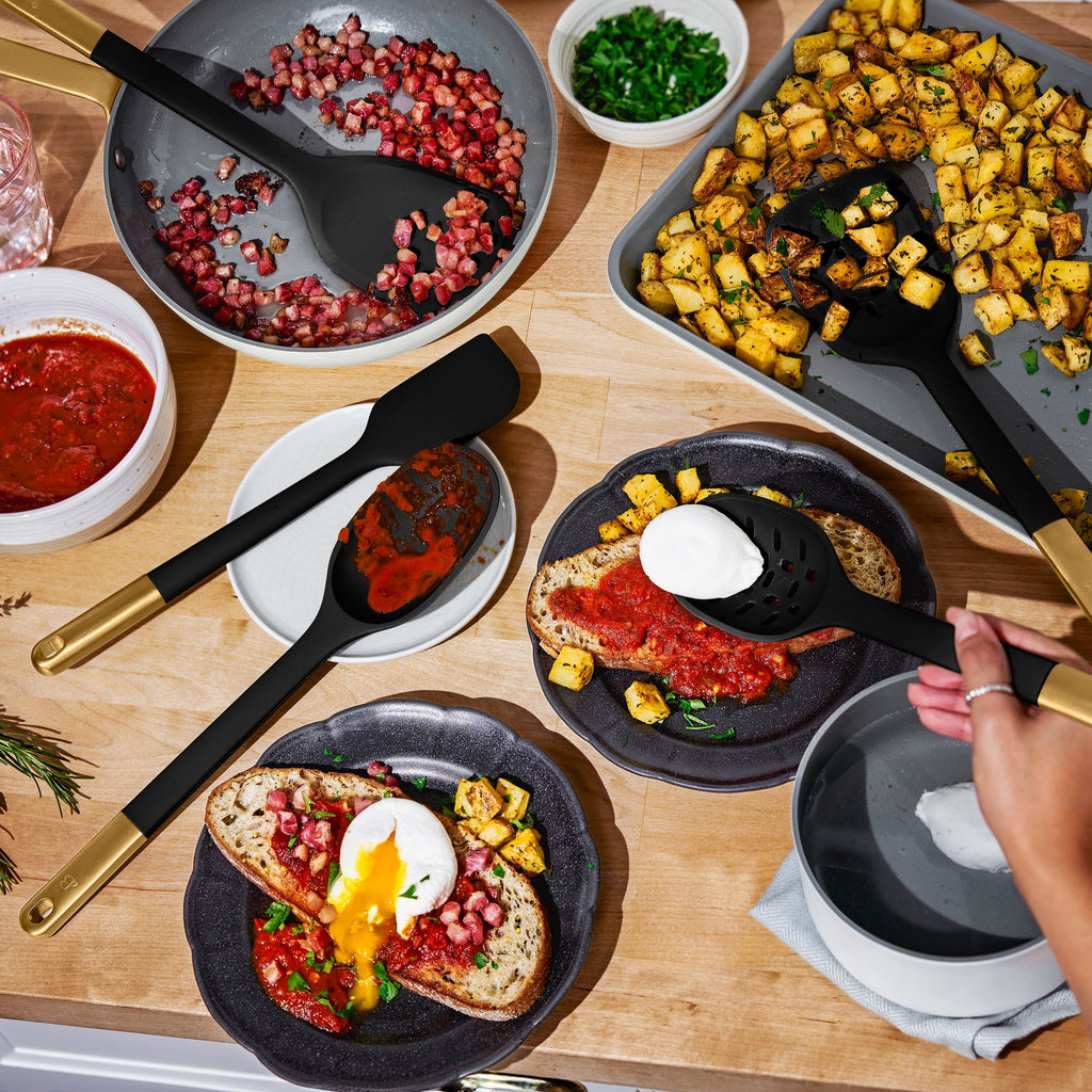 Beautiful 6-Piece Silicone Kitchen Tool Set with Ceramic Crock, Chocolate by Drew Barrymore