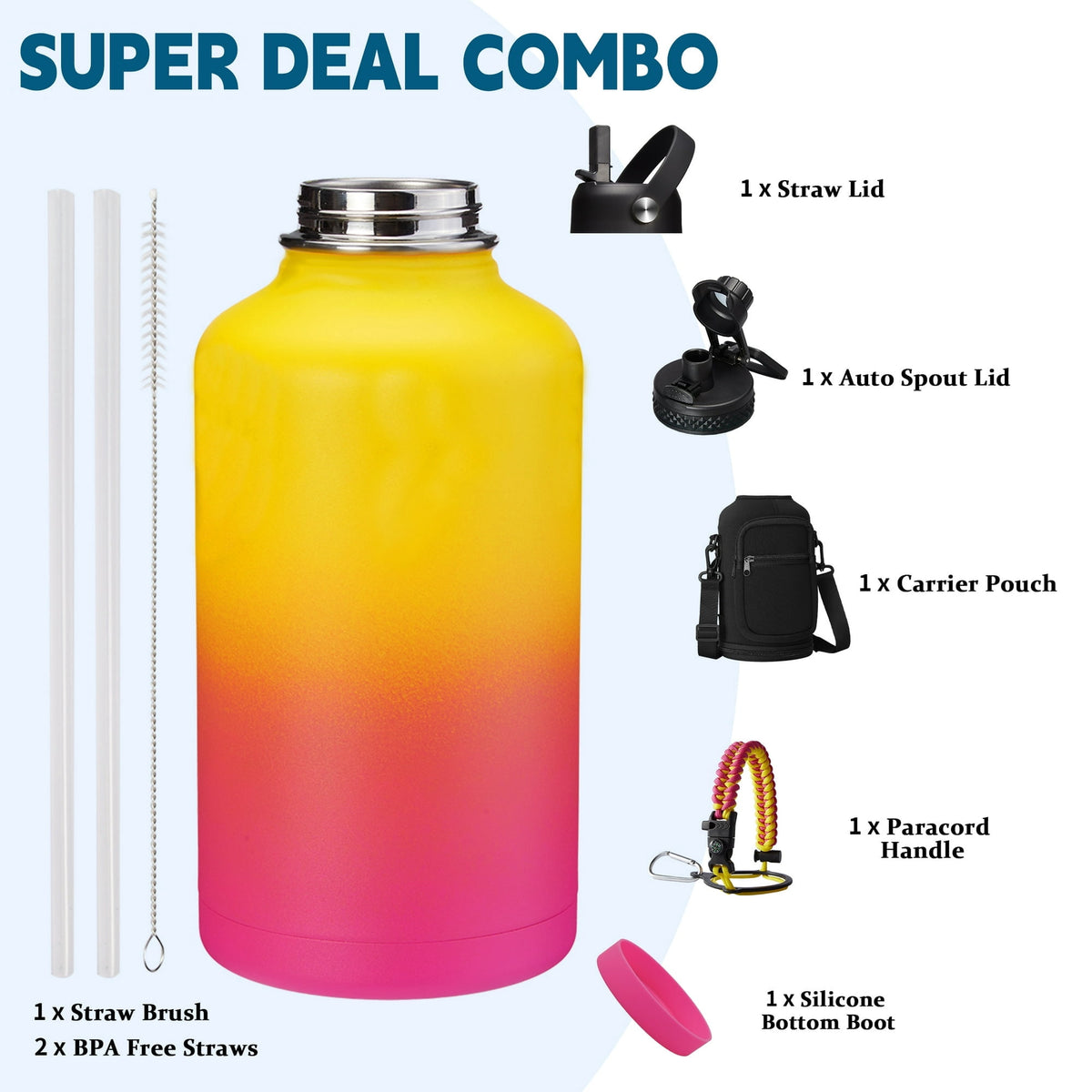 64 oz Water Bottle with Straw & Spout Lids - Half Gallon Insulated Water Bottle,Wide Mouth Metal Canteen Thermo Flask,Leak-proof Water Jug,Black
