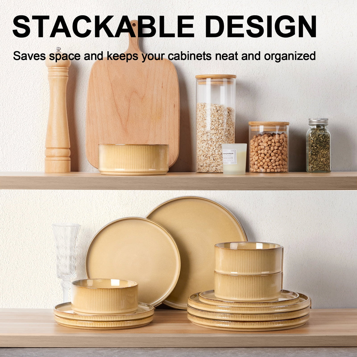Vesteel 12 Pieces Dinnerware Set for 4, Premium Stoneware Ribbed Dishes, Chip & Scratch Resistant Plates and Bowls Set for Home Restaurant, Microwave and Dishwasher Safe - Speckled White