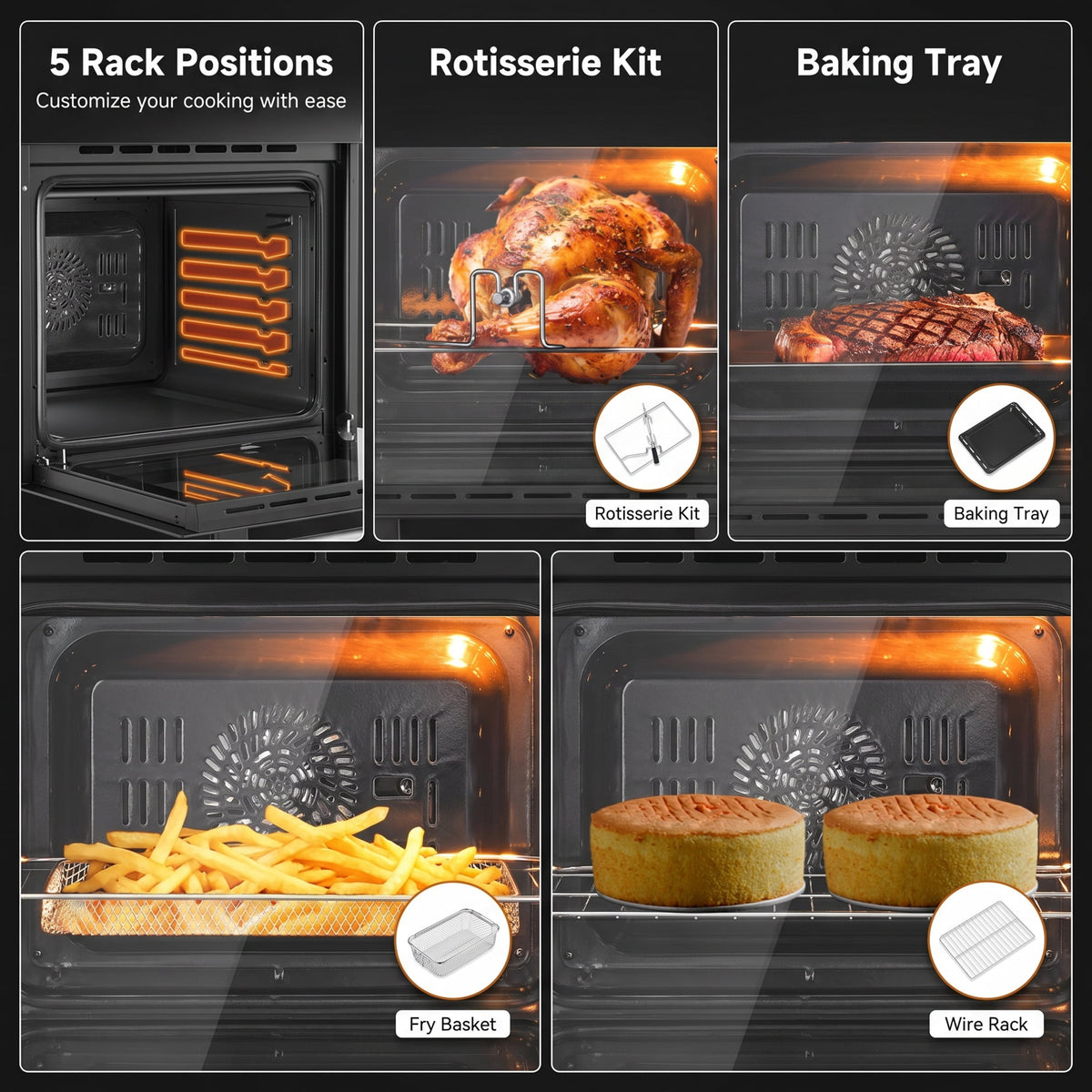 24" Built-In Electric Single Wall Oven, 2.7 Cu. ft. Stainless Steel Convection Oven with Air Fry & Rotisserie, 8 Functions
