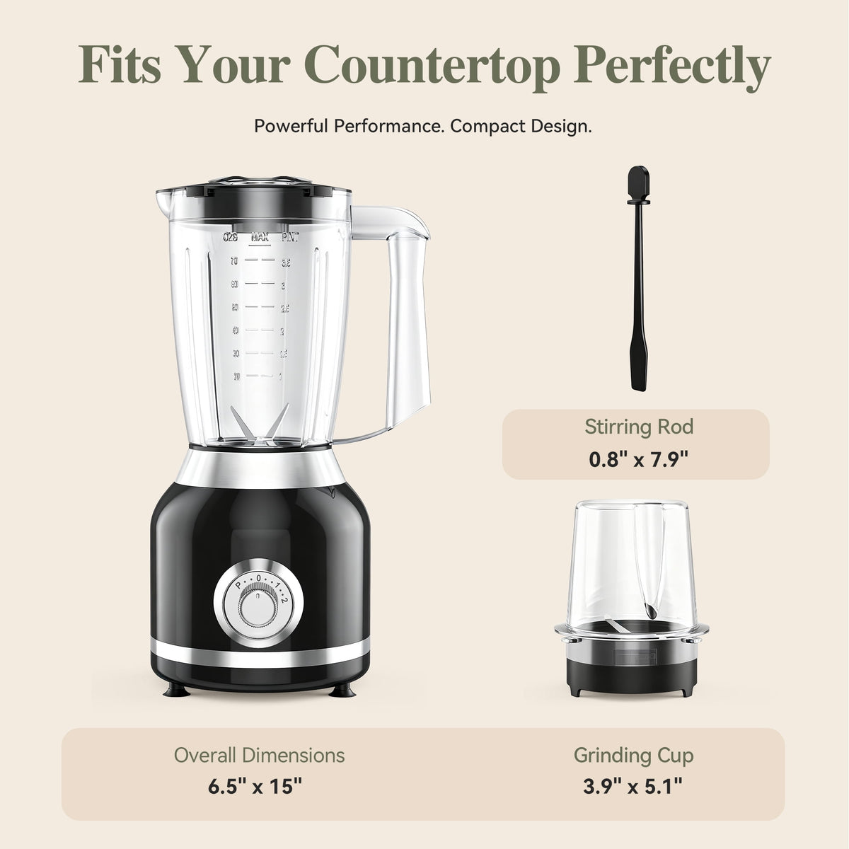 TINANA Countertop Blender with Grinder, 500W Smoothie Maker, 70 oz Pitcher, 2 Speeds & Pulse, Ice Crushing, Black