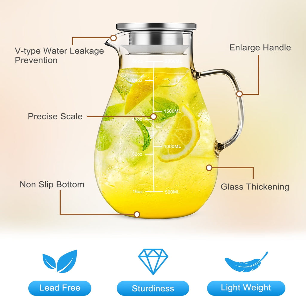 68 oz Glass Pitcher with Lid and Spout, 2 L Heat & Cold Resistant Glass Water Carafe with Precise Scale Line for Hot/Cold Water, Easy to Clean Large Drink Pitcher for Cold and Hot Beverage