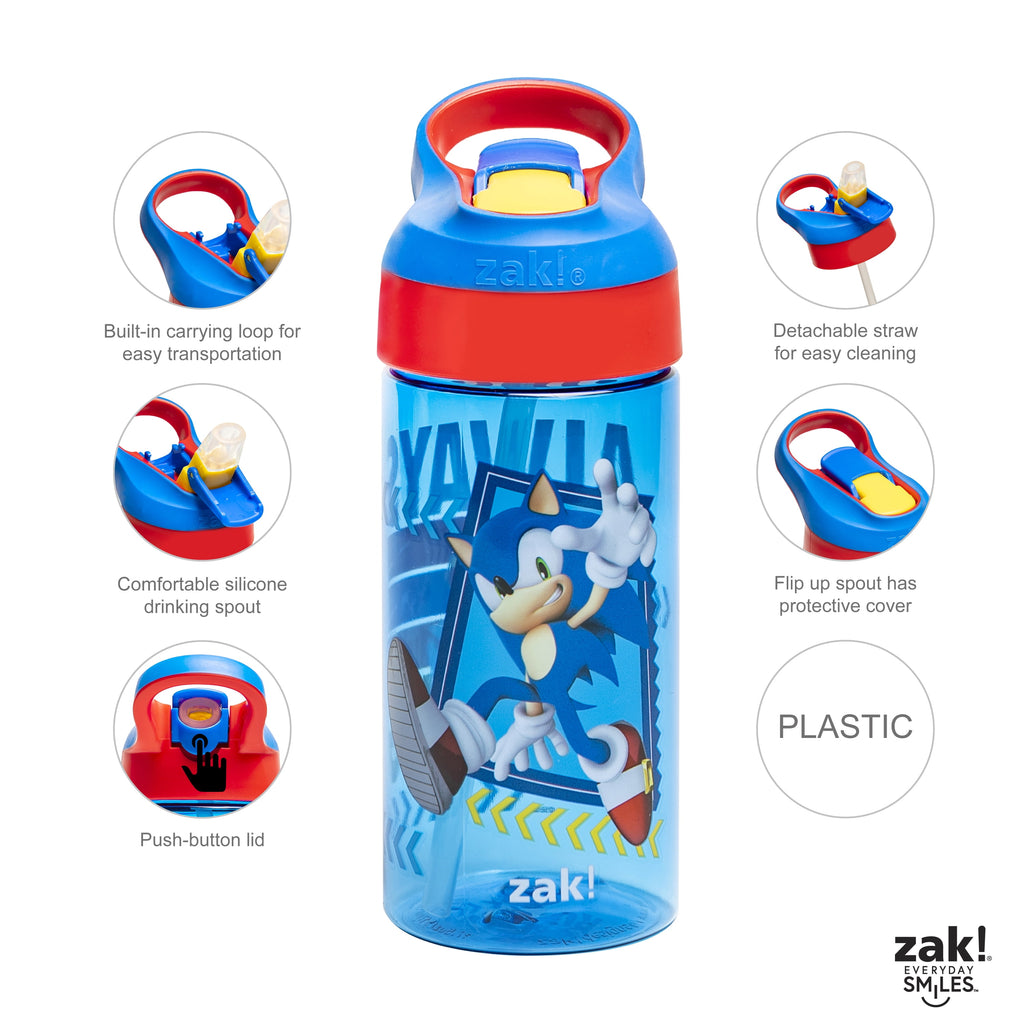 Zak Designs 17.5oz Sonic the Hedgehog Kids Water Bottle with Spout Cover and Built-in Carrying Loop, Made of Durable Plastic, Leak-Proof Design for Travel (17.5 oz, Pack of 2)