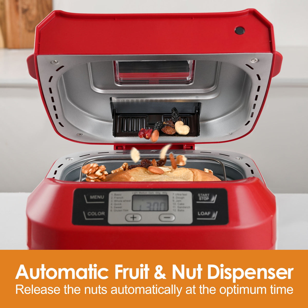 Kitchen in the Box 2lb Bread Maker with Auto Fruit Nut Dispenser, 12-in-1 Gluten-Free Bread Machine, 13H Delay Timer, Nonstick Pan, Keep Warm, White