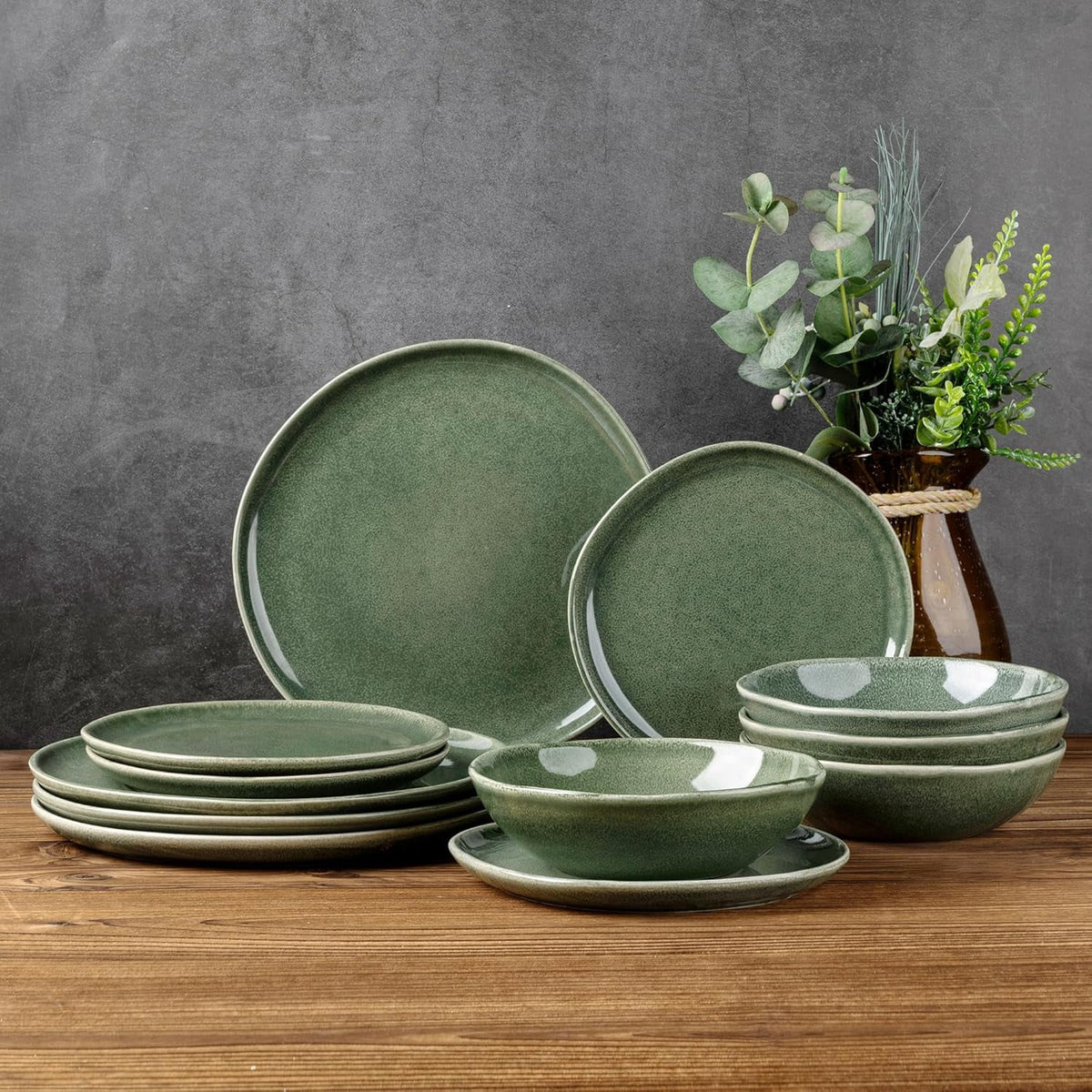AmorArc Ceramic Plates Set of 6, 8.5 Inch Handmade Reactive Glaze Stoneware Plates set for Dessert, Salad, Appetizer, Dinner, Microwave & Dishwasher Safe, Scratch Resistant-Gade Green