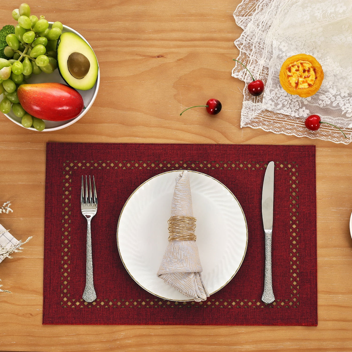 Placemats Set of 4, Yamaziot Double Layer Cloth Fabric Heat Resistant Place Mat, Washable Reversible Rectangle Dining Table Mats, Hollow Khaki, 12"x18"
