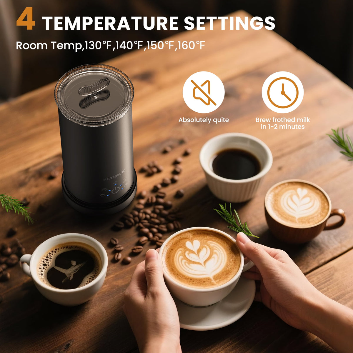 FETERVIC 5-in-1 Electric Frother, Touch Control Automatic Foam Maker, Warm Cold Heating Function for Latte Cappuccino Hot Chocolate