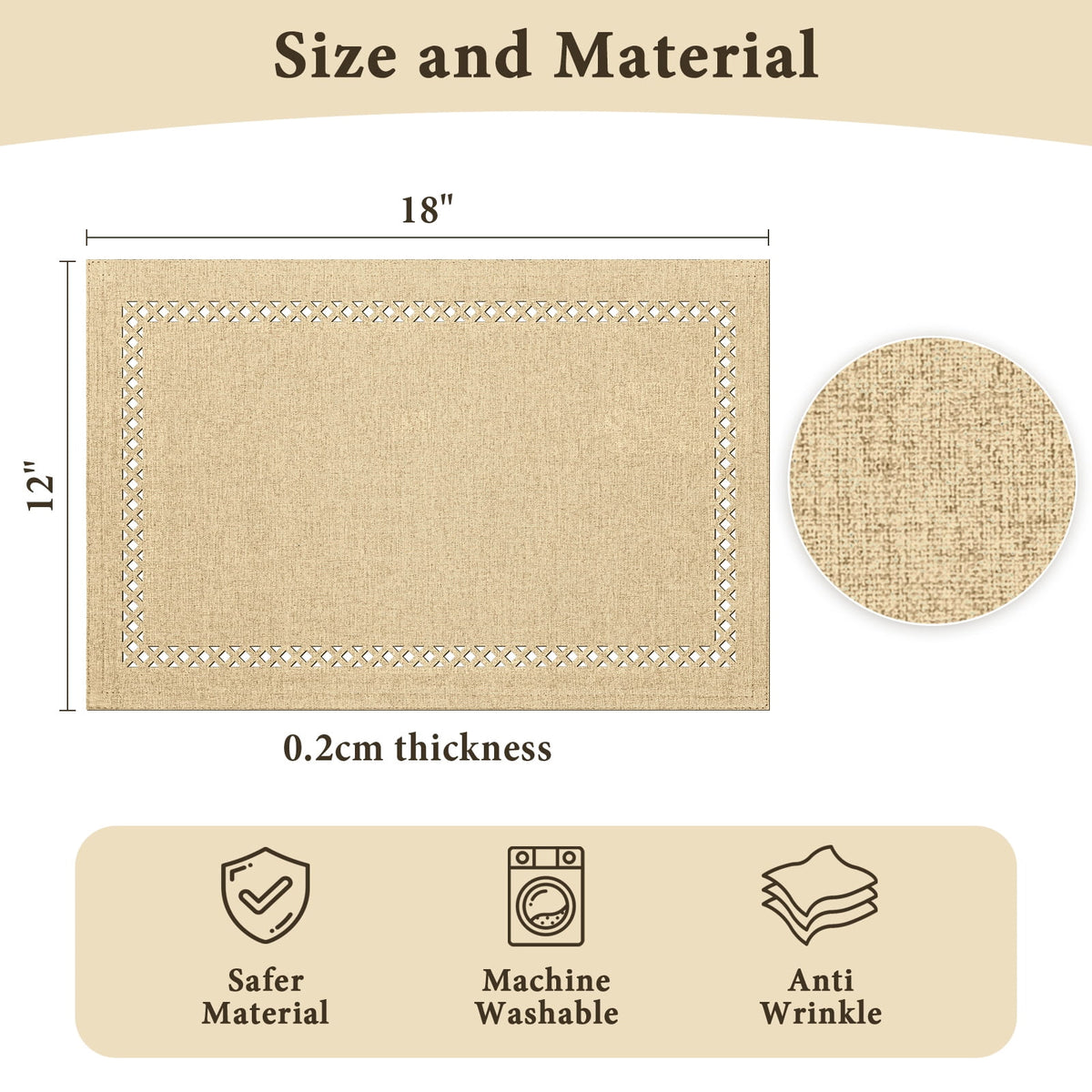Placemats Set of 4, Yamaziot Double Layer Cloth Fabric Heat Resistant Place Mat, Washable Reversible Rectangle Dining Table Mats, Hollow Khaki, 12"x18"