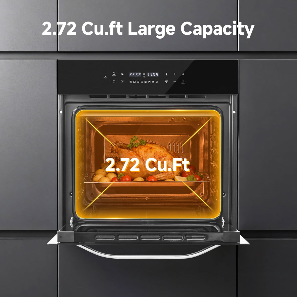 24" Built-In Electric Single Wall Oven, 2.7 Cu. ft. Stainless Steel Convection Oven with Air Fry & Rotisserie, 8 Functions