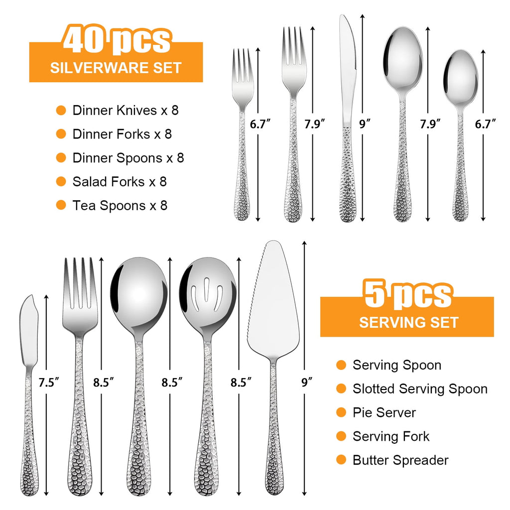Vesteel Hammered Silverware Set, 40-Piece Stainless Steel Flatware Cutlery Set for 8, Includes Knives, Forks, Spoons, Mirror Polished & Dishwasher Safe