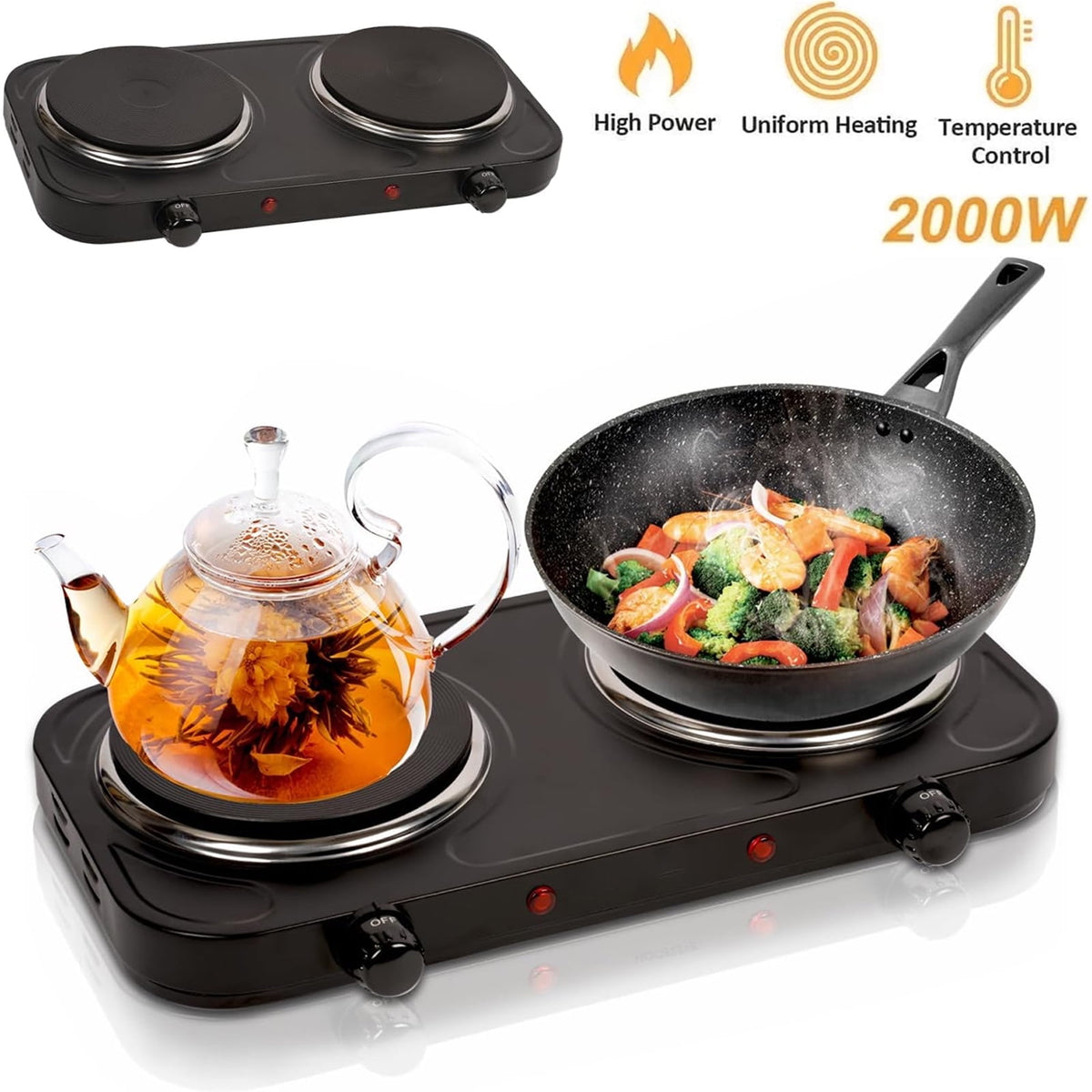Electric Countertop Double Burner for Cooking, Portable 2000W Countertop Cast Iron Stove Burner, Hot Plate Temperature Controls with 5 Adjustable for RV/Home/Camp, Black