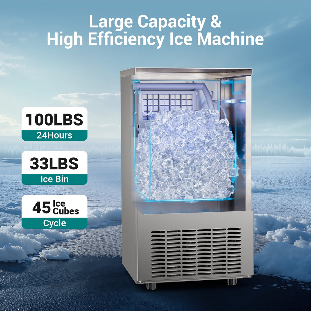 Ecojoy Commercial Ice Maker, counter ice machines 100lbs Maximum Output, Cubed Ice, Silver with 33 lbs Storage Bin