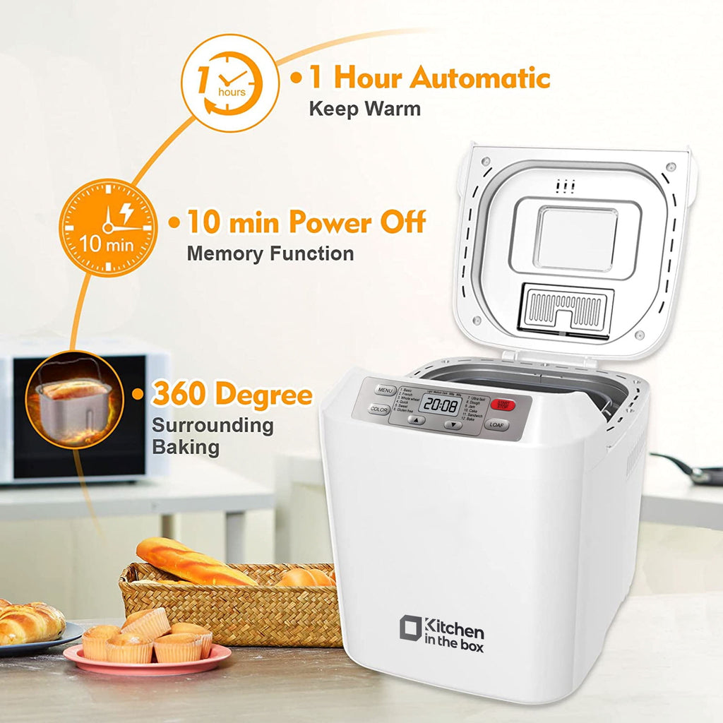 Kitchen in the Box 2lb Bread Maker with Auto Fruit Nut Dispenser, 12-in-1 Gluten-Free Bread Machine, 13H Delay Timer, Nonstick Pan, Keep Warm, White