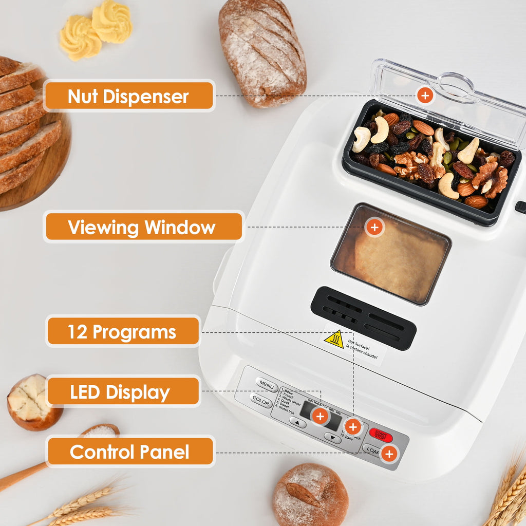 Kitchen in the Box 2lb Bread Maker with Auto Fruit Nut Dispenser, 12-in-1 Gluten-Free Bread Machine, 13H Delay Timer, Nonstick Pan, Keep Warm, White