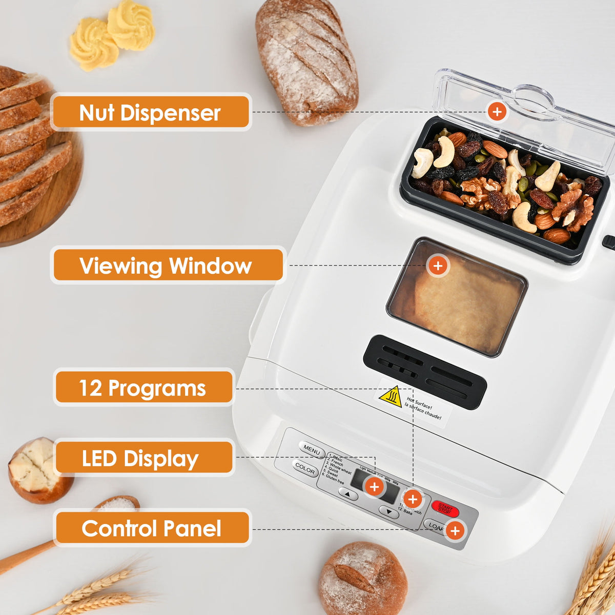 Kitchen in the Box 2lb Bread Maker with Auto Fruit Nut Dispenser, 12-in-1 Gluten-Free Bread Machine, 13H Delay Timer, Nonstick Pan, Keep Warm, White