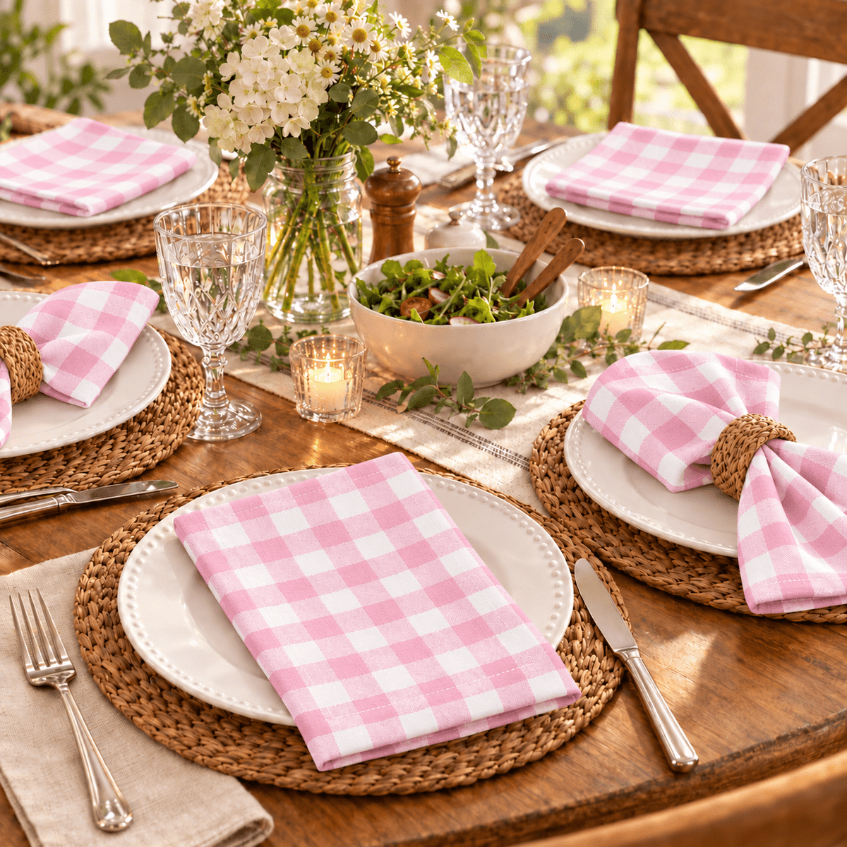 GFI LINEN CLUBS 100% Cotton Gingham Cloth Dinner Napkins, 18 x 18 in, Set of 12, Baby Pink & White
