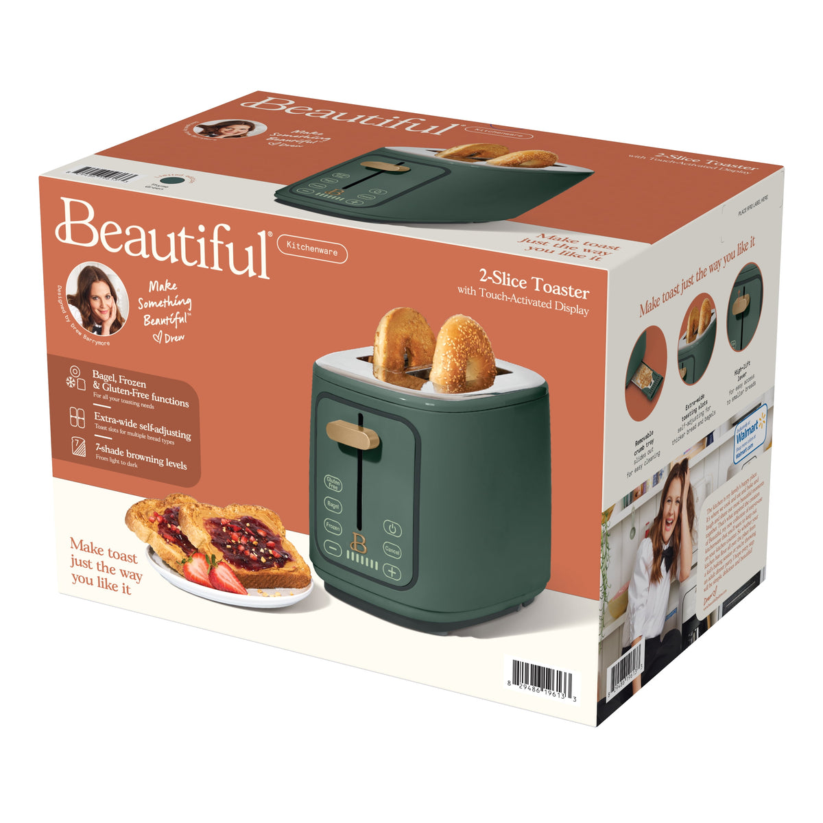 Beautiful 2 Slice Toaster with Touch-Activated Display, Thyme Green by Drew Barrymore