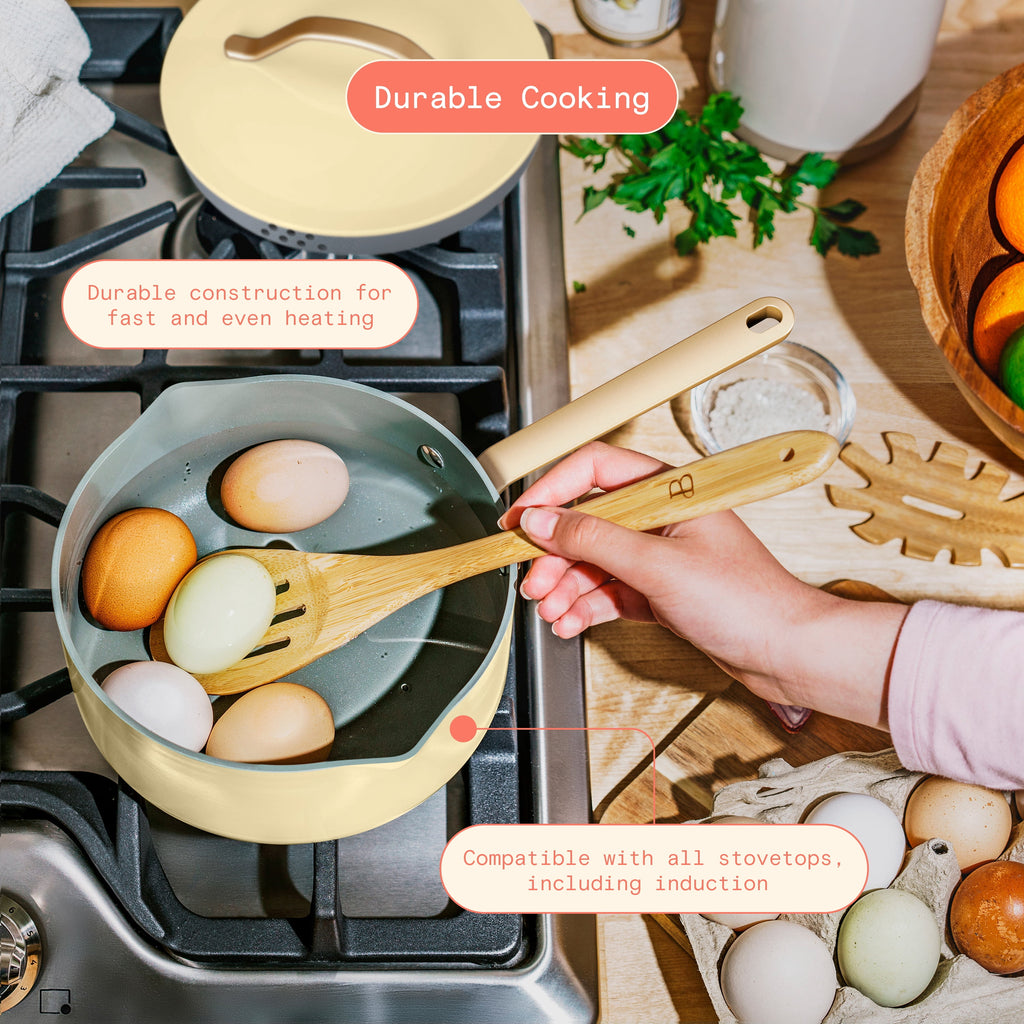 Beautiful 12-Piece Cookware Set, Pots and Pans with Strainer Lids and EverGood Ceramic Nonstick Coating, White Icing by Drew Barrymore