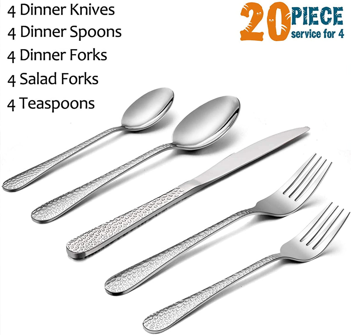 Vesteel Hammered Silverware Set, 40-Piece Stainless Steel Flatware Cutlery Set for 8, Includes Knives, Forks, Spoons, Mirror Polished & Dishwasher Safe