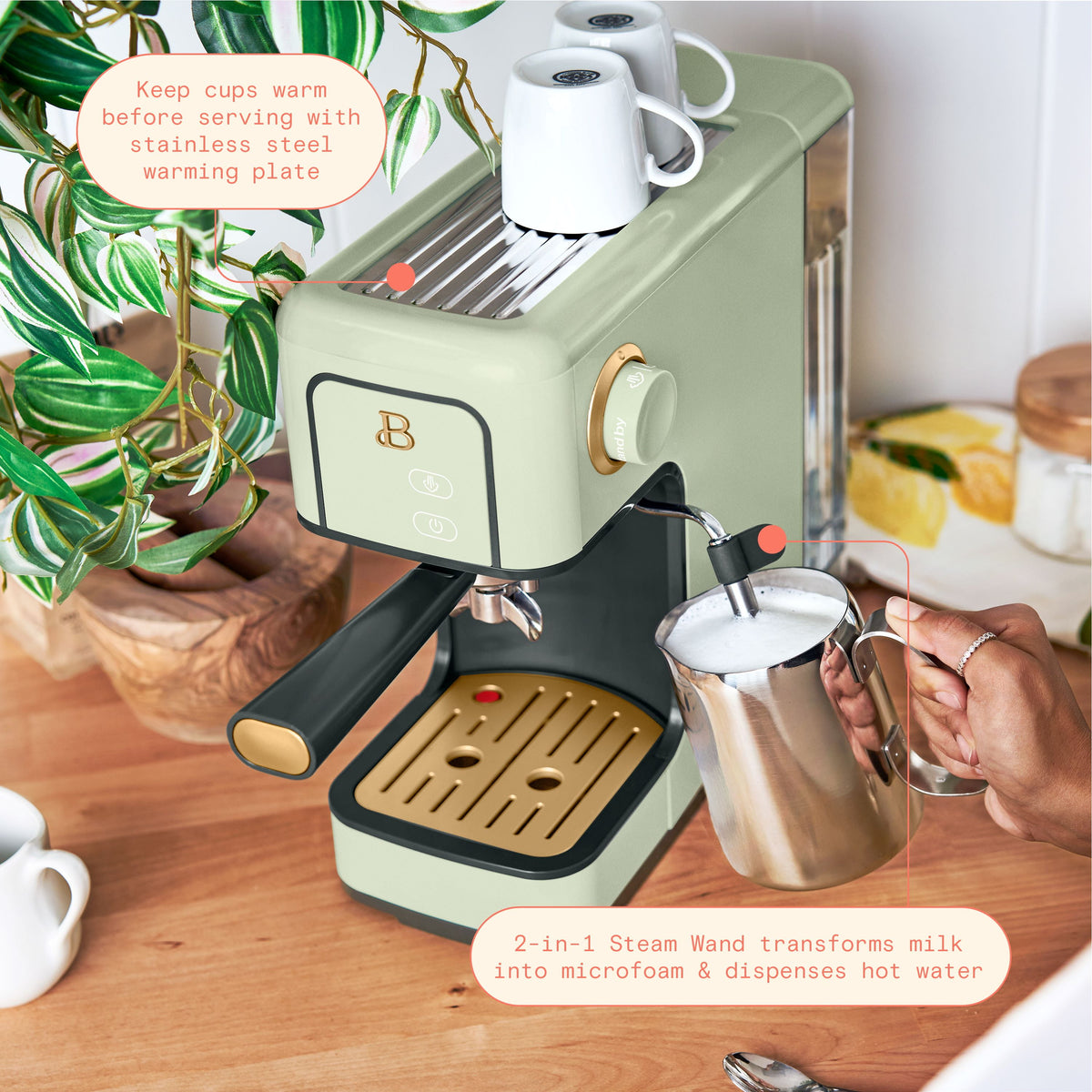 Beautiful by Drew Barrymore Slim Espresso Machine, 20-Bar Pressure, Black Sesame