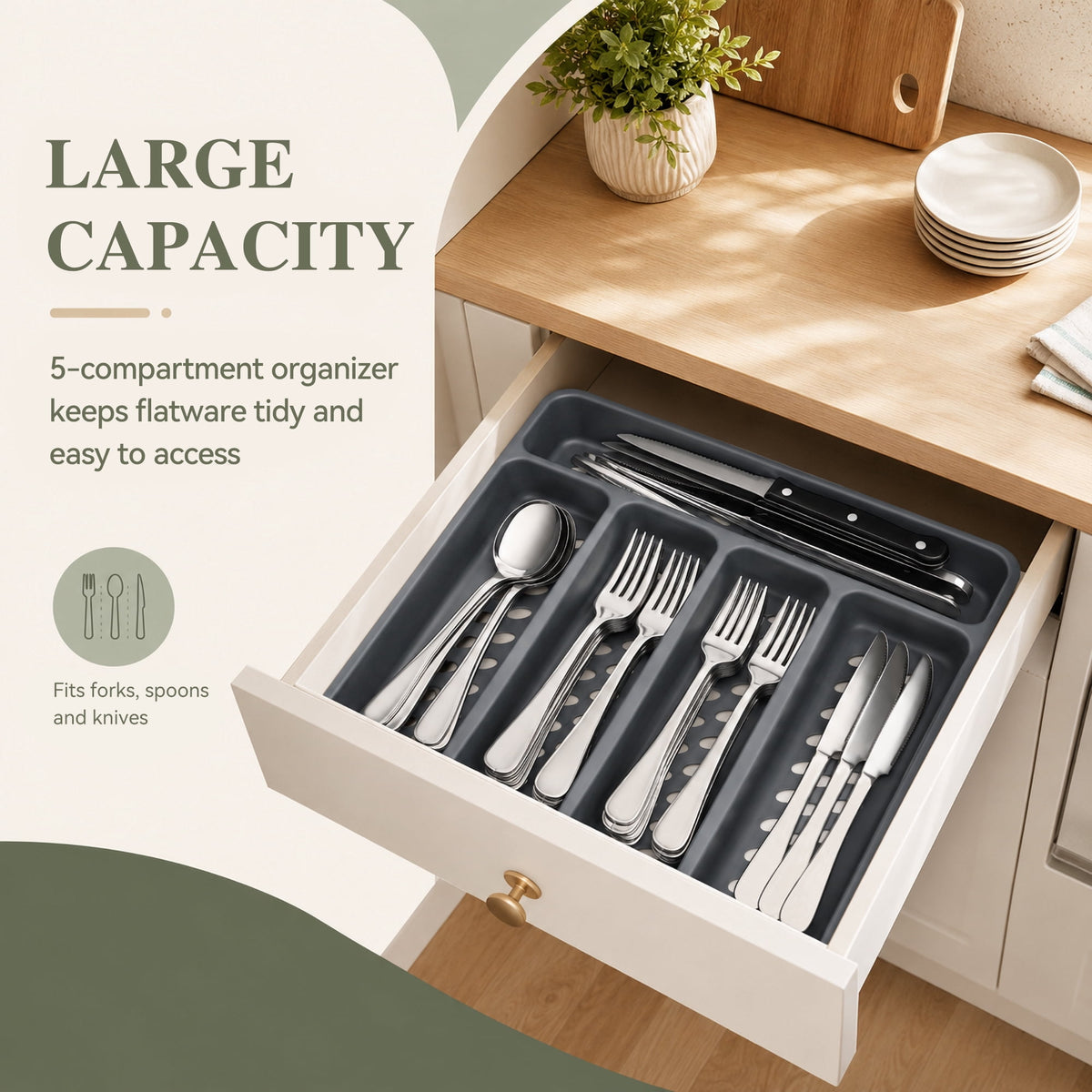 TINANA 48 PCS Silverware Sets with Organizer, Silver Flatware Set Set for 8, Stainless Steel Cutlery Utensil Set with Steak Knives Forks and Spoons