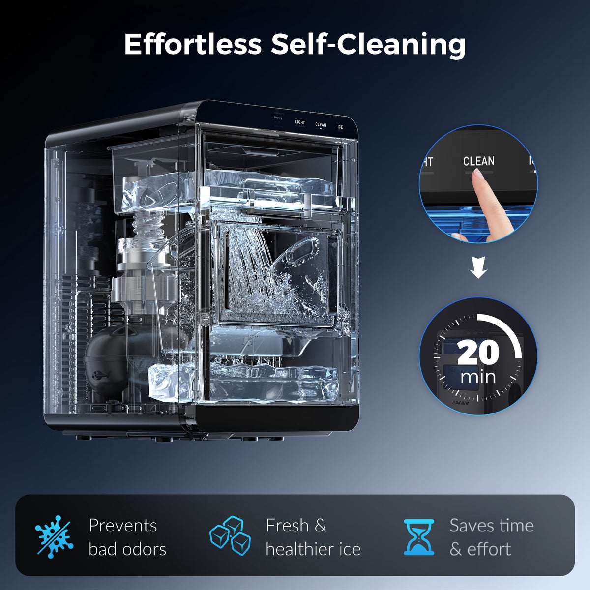 POKAIR Nugget Ice Maker Countertop, Sonic-Style Chewable Pebble Ice in 9 Min, 44 lbs/Day, Touch Screen, Self-Cleaning, ETL, Brushed Stainless Steel