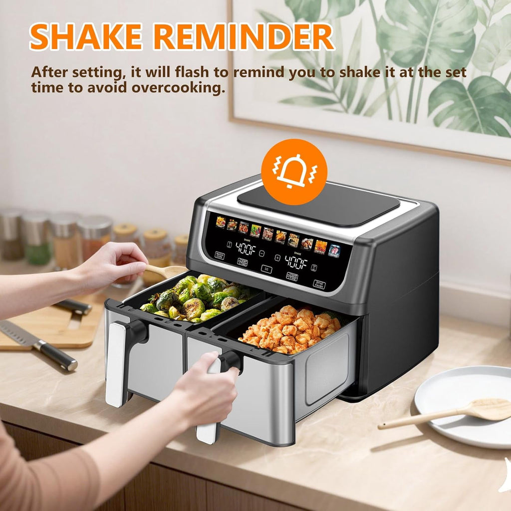 EDX 9QT Dual Basket Stainless Steel Air Fryer with Digital Sync & Match Cook, 1700W, 10 Presets, 2 Independent Cooking Zones, Shake Reminder, Black