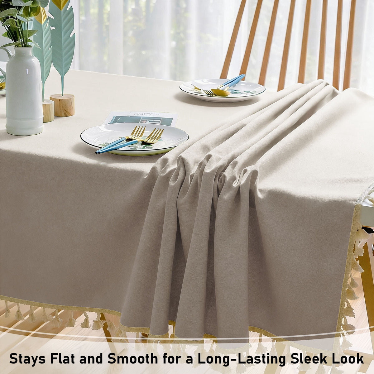 Soulgenix Tablecloth, 55"*70" Rectangle Table Cloth with Tassel, Table Cover for Dining, Party, Home, Fits Tables 30"×45" (4-6 seats), Beige