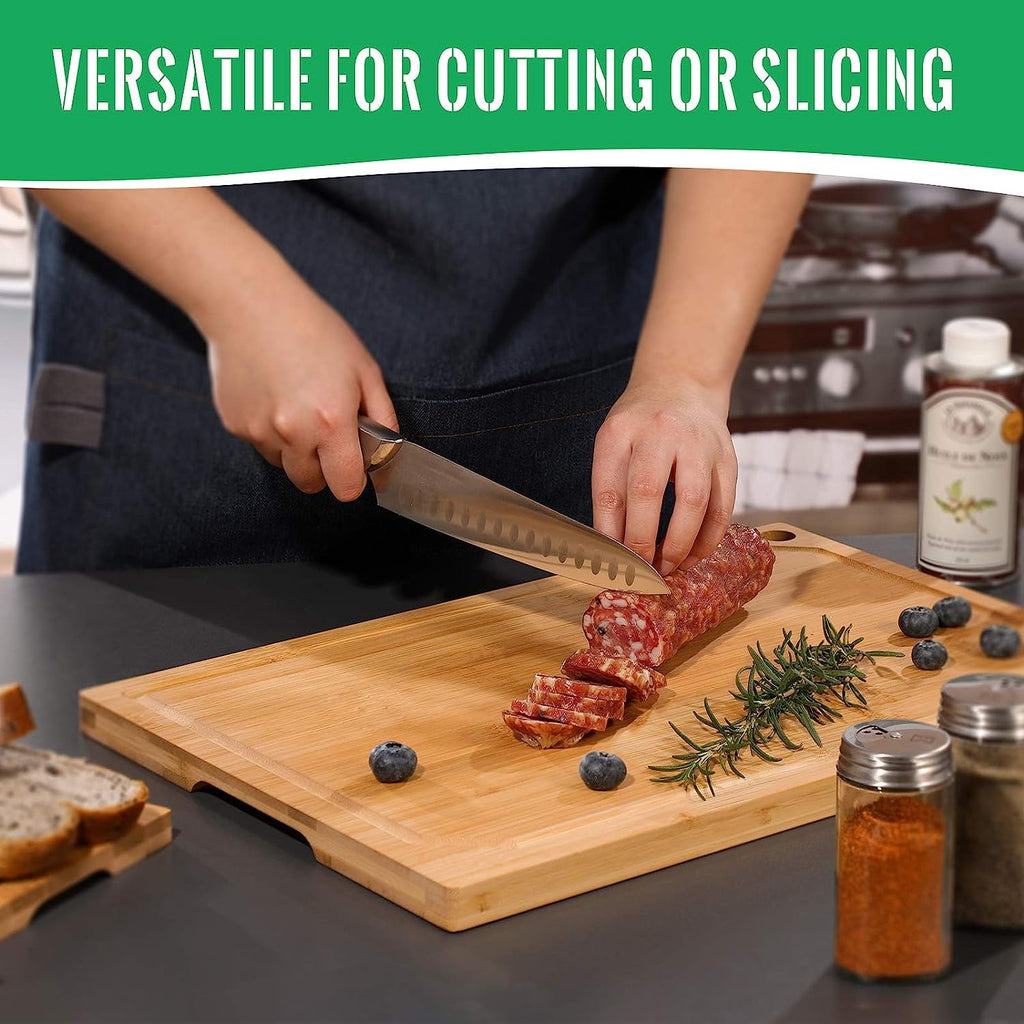 18” x 12” Cadley Bamboo Cutting Board for Kitchen, Extra Large Wooden Chopping Board with Juice Groove and Hanging Hole, Heavy Duty Cutting Board.