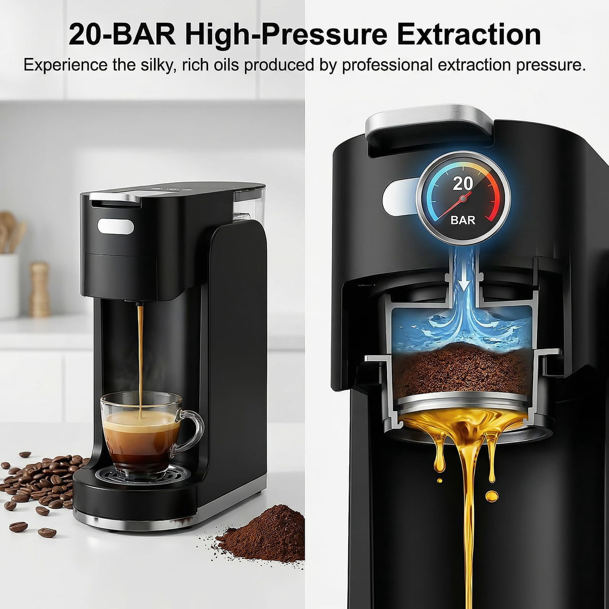 GVODE 4-in-1 Single Serve Coffee Maker, 3-Second Heat-Up, 20 Bar Hot and Iced Espresso Machine, Black