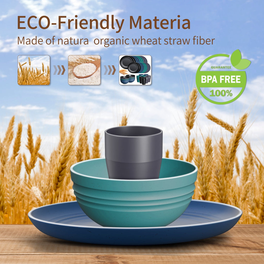 TINANA Wheat Straw Dinnerware Sets, Service for 8, 32 PCS Unbreakable Dinnerware,Microwave Dishwasher Safe - Black