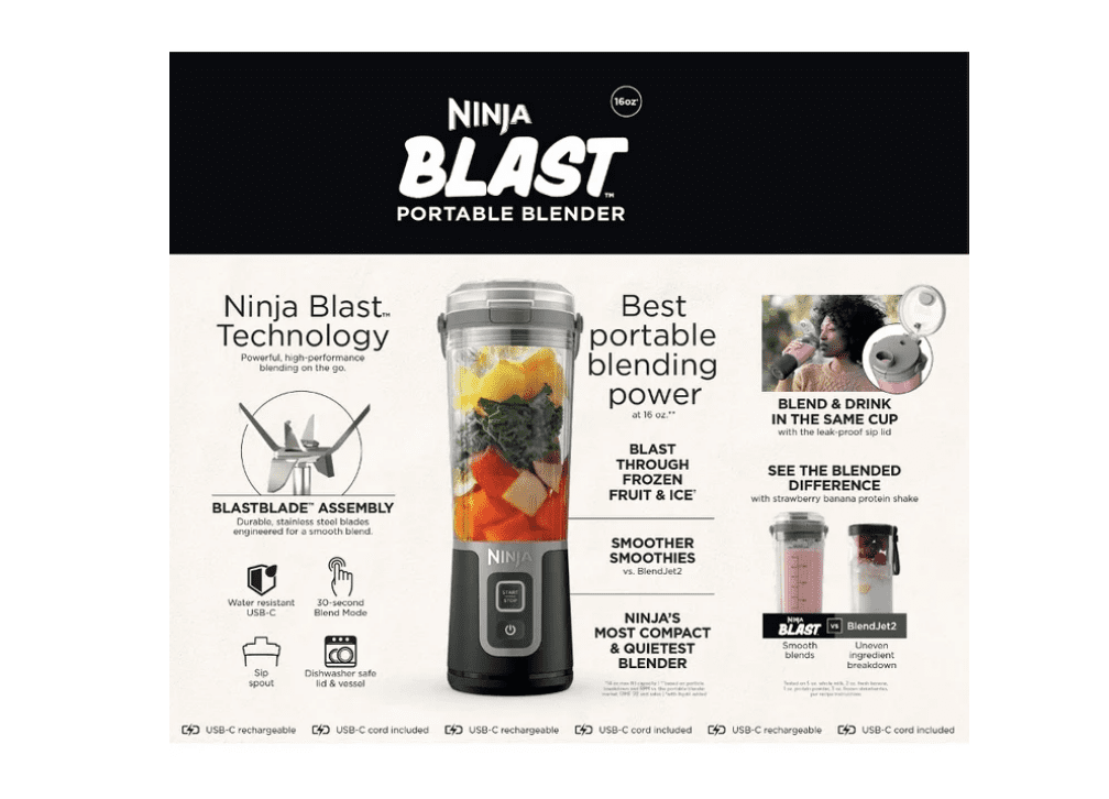 Restored Ninja Blast 16-Oz Portable Personal Blender, Leak Proof Lid & Easy Sip Spout, Smoothie Blender, BC100BK Black (Refurbished)