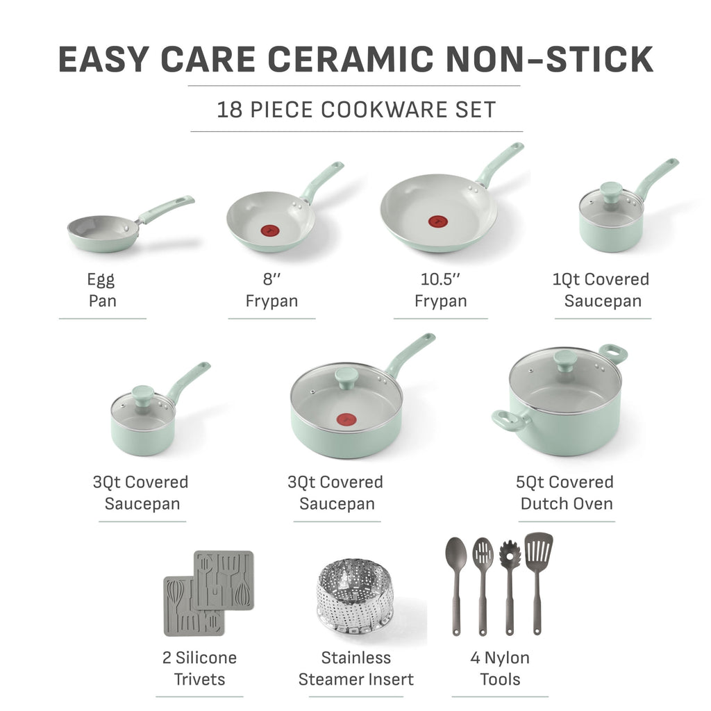 T-fal Easy Care 18 Piece Ceramic Nonstick Cookware Set, Pots and Pans, Mint Green