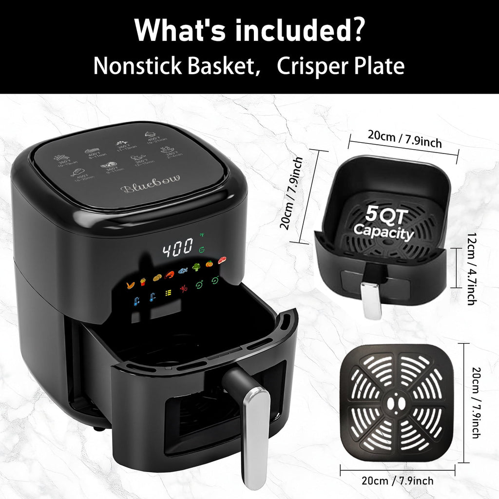 Vaparinckl 5QT Air Fryer, 8-in-1 Electric Hot Oven with Digital Touch Control, Visible Window, Nonstick & Dishwasher Safe Basket, Black